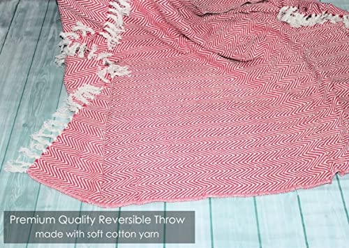Image of Chevron 60X50 Inch Reversible Cotton Throw Blanket With Tassels| Blanket For Living Room, Sofa, Bed, Chair, Picnic & Used For Gift | Pink Wide Chevron, Size 150X125 Cm, 300 tc