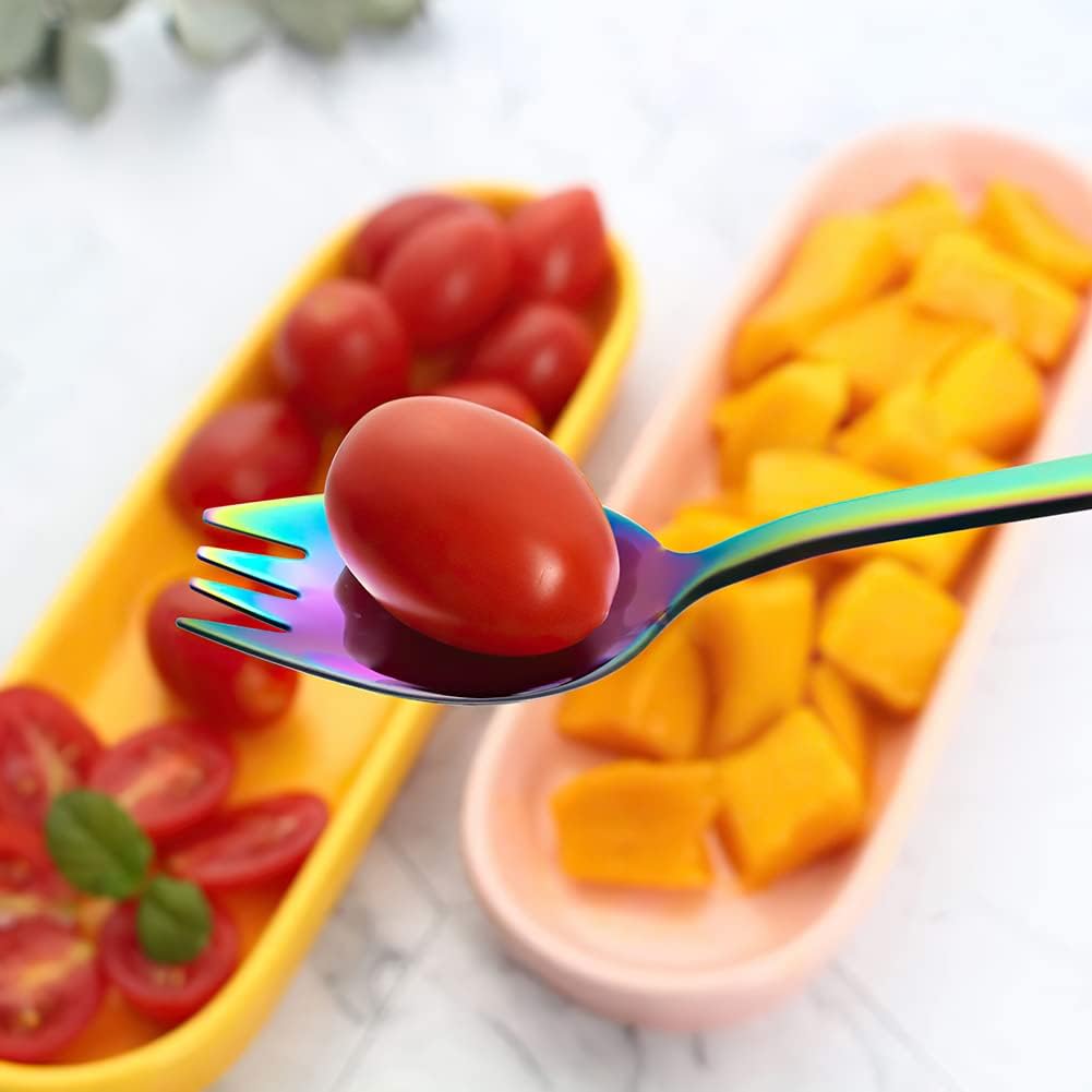 Salad Servers,Long Spork Colorful Stainless Steel Salad Forks Everyday Use Camping Utensils,Dessert Spoon and Food Fork Buffet Forks,Set of 4