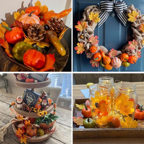 winemana Fall Decorations for Home Mini Pumpkins Gourds & Leaves Set | Thanksgiving Autumn Harvest Table Centerpieces, Cornucopia Basket Bowl Filler, Largest Pumpkin: 4.5" x 2.1"