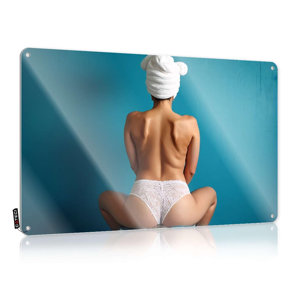 Decore Plaque Rustic Accessories | Woman In White Lace Underwear Against Blue Background. Vintage Metal Wall Decor For Backyard Home(30X40CM)