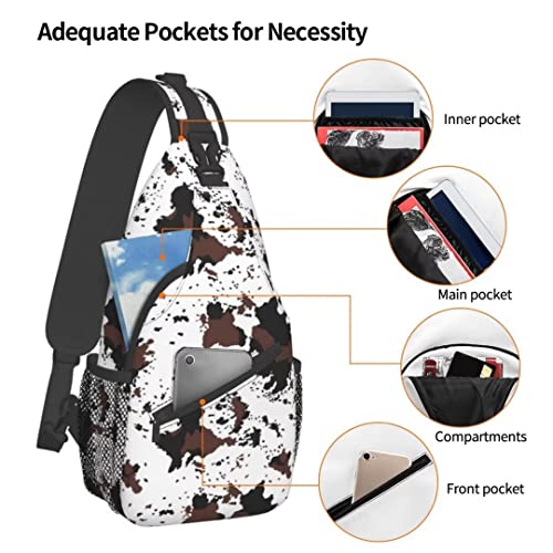 Cow Print Sling Bag Crossbody Backpack,Rustic Spotted Cow Fur Texture Black Brown Cowhide Chest Bag Adjustable Shoulder Backpack Western Farmhouse Animal Skin Travel Hiking Daypack For Men Women #TOP3