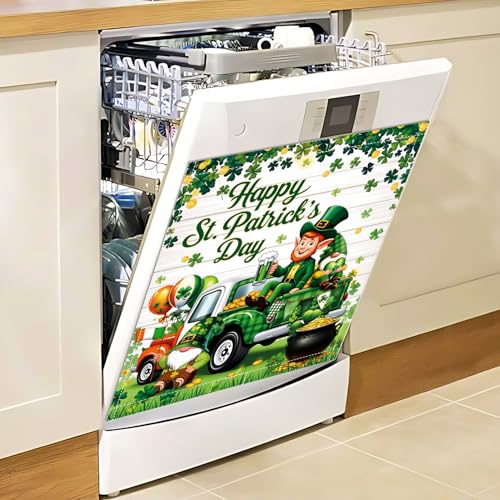 Image of St Patricks Day Dishwasher Magnet Cover Lucky Shamrocks Clover Dishwasher Magnetic Covers for Kitchen 23x26 in St Patrick's Home Decor Refrigerator Magnets Sticker Green Fridge Panel