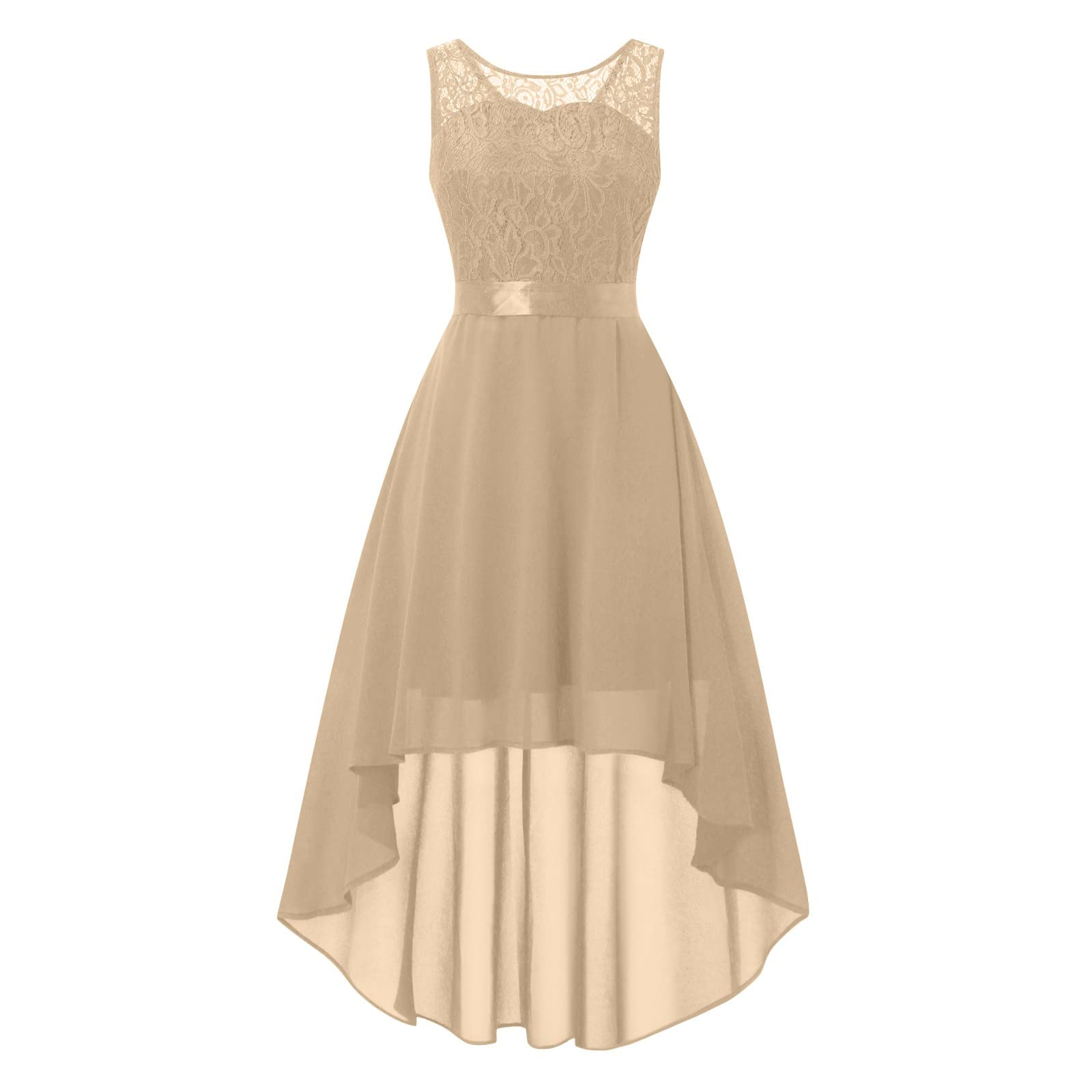 Abendkleider Elegant für Hochzeit Ärmellos Festliche Kleid Spitzen und Chiffon Kleider Unregelmäßiger Saum Lässig Locker Brautjungfernkleid