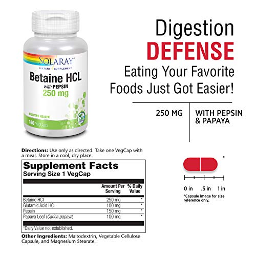 Image of SOLARAY HCL with Pepsin - Digestive Support - 250 MG (180 Capsules)