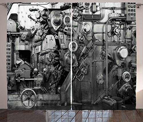 Ambesonne Industrial Curtains, Modern Times Detail of Rusted Machine in Factory Physical Equipment Process Macro Steampunk Photo, Living Room Bedroom Window Drapes 2 Panel Set, 108" X 84", Black White