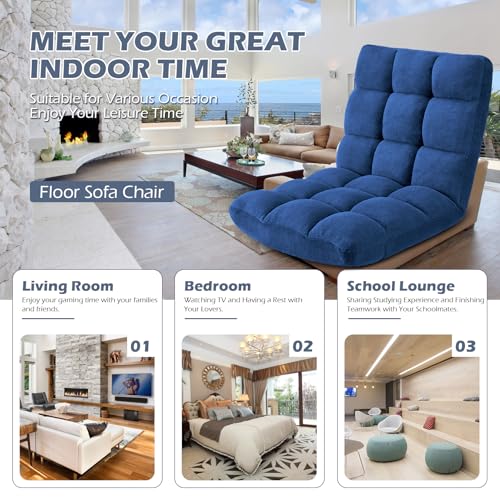 Image of Folding Floor Gaming Chair 14-Poistion Cushioned Adjustable Floor Lazy Sofa Chair w /Breathable Cotton & Skin-Friendly Velvet for Adults & Kids Perfect for Reading Gaming Meditating, Darkblue