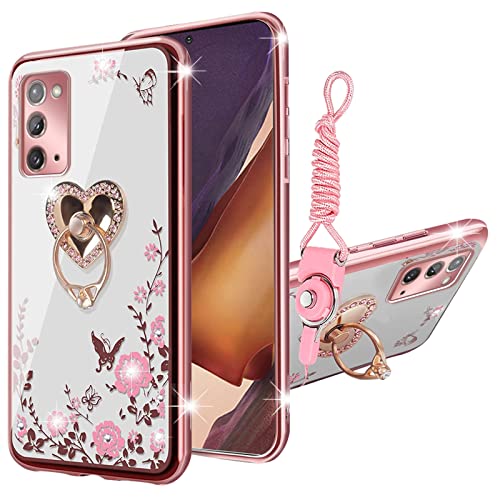 KuDiNi for Note 20 Case,Galaxy Note 20 Case for Women Glitter Crystal Soft Bling Cute Butterfly Heart Floral Clear Protective Cover with Kickstand+Strap for Samsung Galaxy Note 20 (Rose Gold)