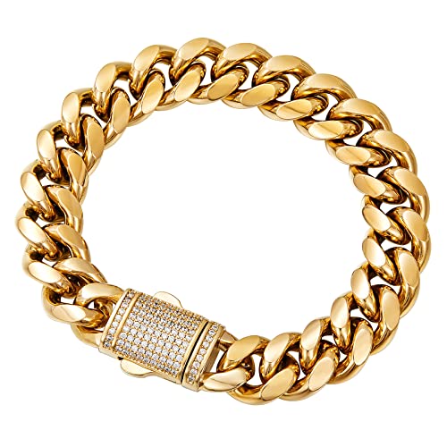 Sunfere Cuban Link Bracelet For Men 8/10/14Mm 18K Gold Plated 316L Stainless Steel Diamond Clasp Hip Hop Bracelets For Men Jewelry Gift (Bracelet, W: 8Mm, L: 8.5") #TOP4
