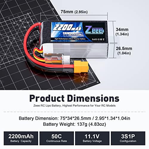 Image of Zeee 3S Lipo Battery 2200mAh 11.1V 50C Shorty Pack Battery with XT60 Plug for RC Car Truck RC Vehicles Boat Drone RC Airplane Quadcopter Helicopter FPV Racing Hobby Models(2 Pack)