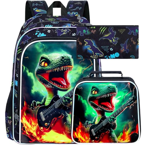 Image of 16 inch Dinosaur Backpack for Boy, 3Pcs Bookbag for Elementary Preschool Kindergarten, Kids School Backpacks with Lunch Box (Black)