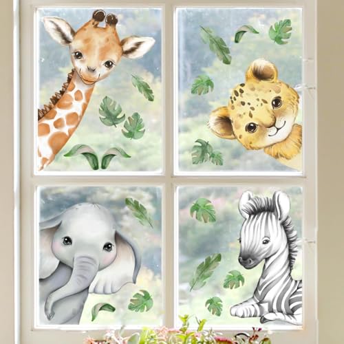 Image of 22.44 x 21.25 Inch Watercolor Jungle Animal Window Clings Tiger Lion Elephant Zebra Window Stickers Double-Side Safari Animal Window Stickers for Baby Nursery Playroom Bedroom Window Glass Wall Decor