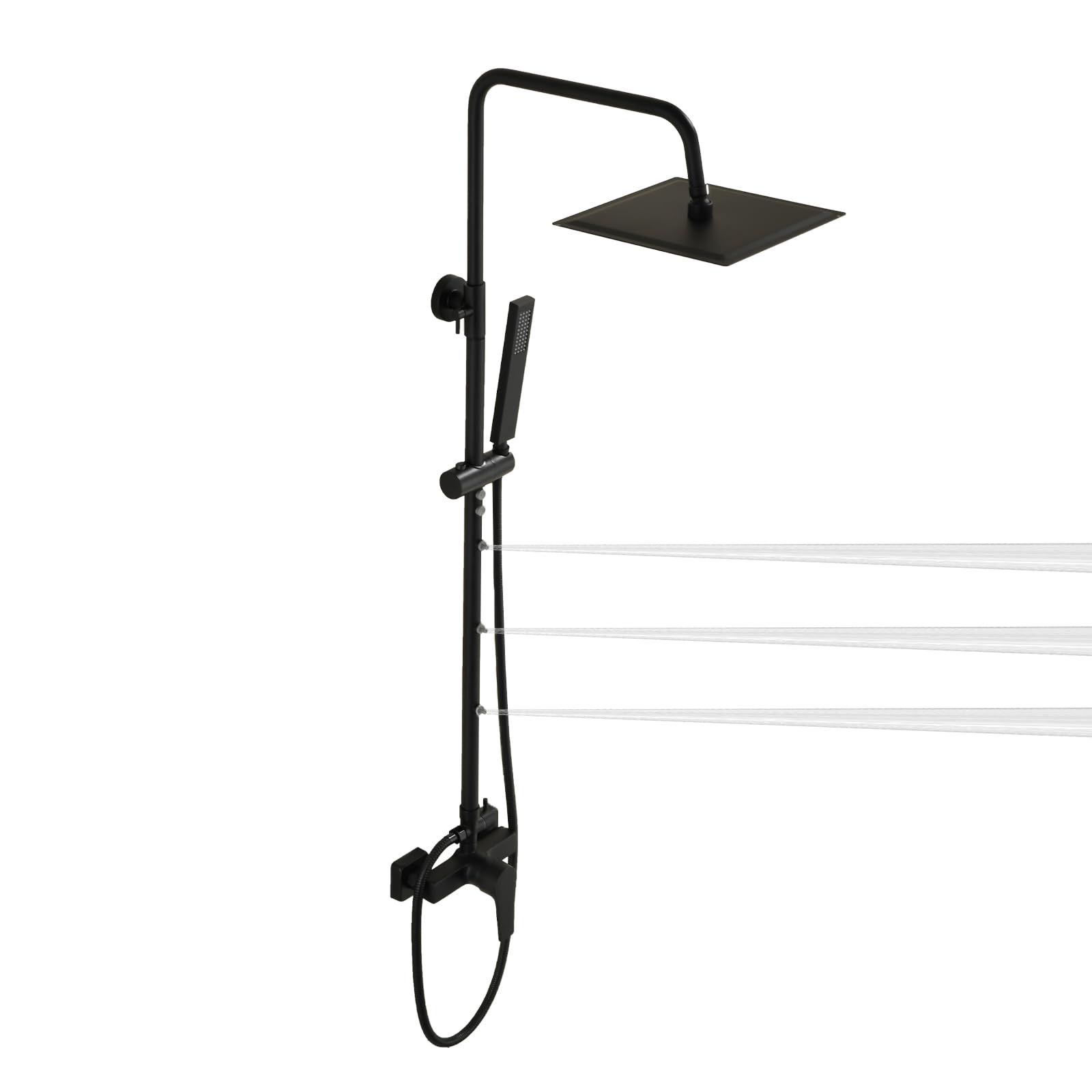 Duschsystem Schwarz, Regendusche Komplettset Set, Höhenverstellbare Duschstange, Kopf- und Handbrause aus Edelstahl, Duschgarnitur mit Rückenbrause