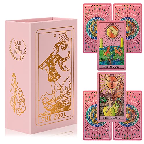LYINGFISH Tarot Cards for Beginners Pink Tarot Cards with Guide Book Gold Foil with Meanings on Them 78 Classic Origina Waterproof Rider Waite Taro Deck Fortune Telling Game?Pink?