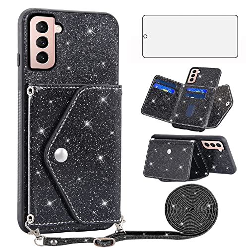 Coque Samsung Galaxy S21 FE 5G verre trempé et cordon étui portefeuille noir S21FE