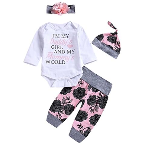 Borlai 4PCS Infant Baby Girl Floral Outfits Set Romper + Pants + Hat + Flower Headband … (White, 0-3M) Cover