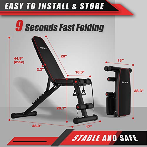 MCNBLK Adjustable Weight Bench 400lbs Capacity, Incline Decline Weight Lifting Workout Bench Home Gym, Multi-Position Utility Bench for Full Body Workout, Folding Dumbbells Bench with Elastic Ropes