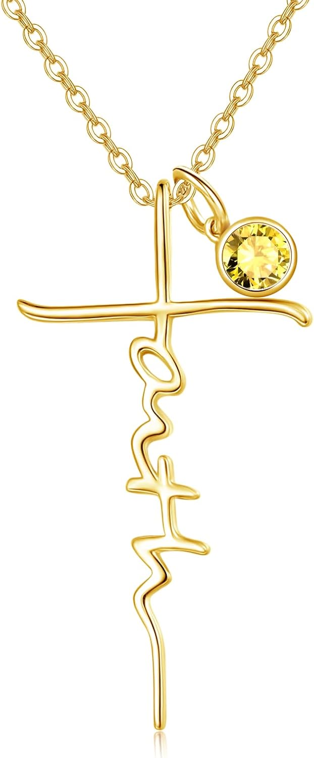 PRAYMOS Faith Cross Necklace for Women 925 Sterling Silver Pendant Necklace With Birthstone Initial Christian Religious Confirmation Baptism Christmas Gifts