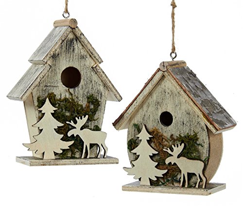 Kurt Adler C6258 Birdhouses With Moose And Tree Moss Christmas Holiday Ornaments Set Of 2