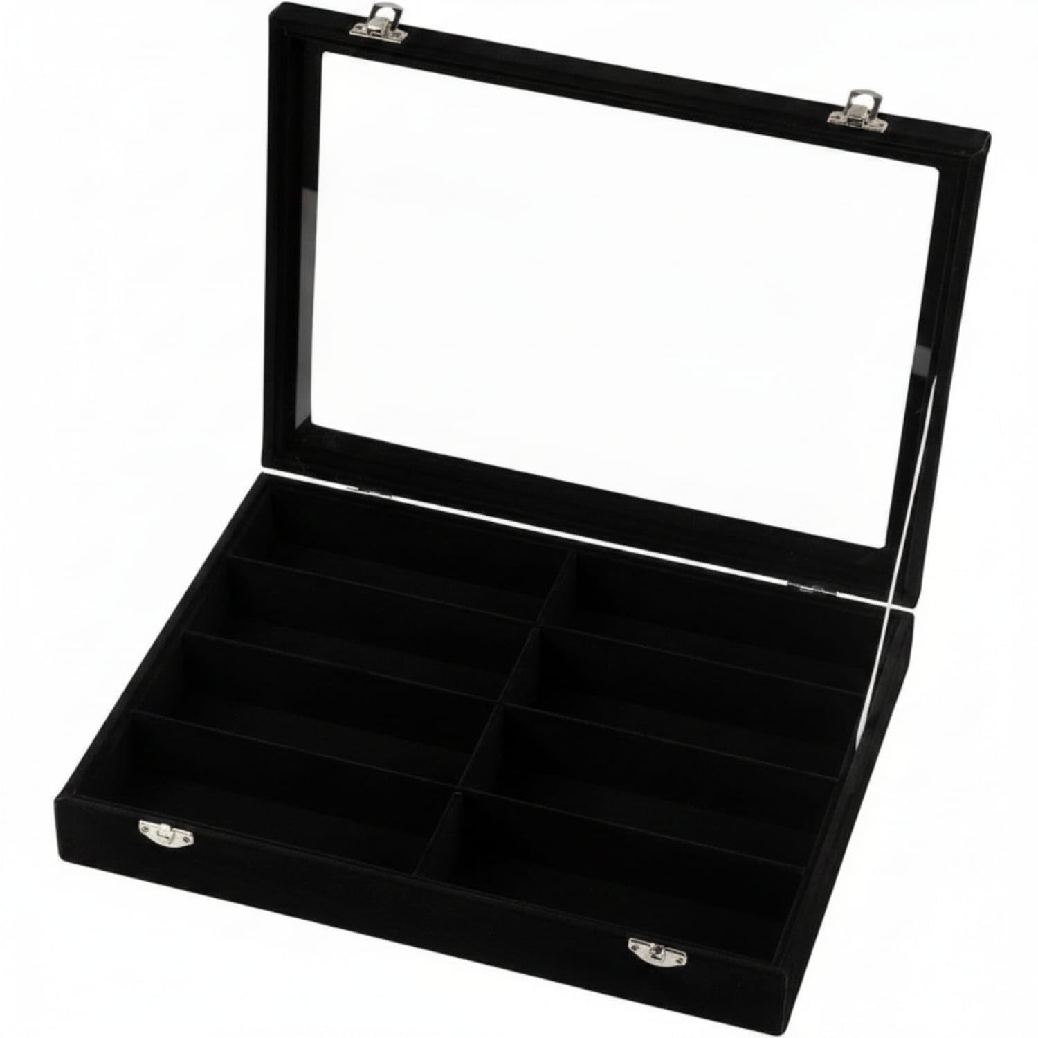 divided compartments 8 slot eyeglasses box metal latch glass lid glasses box rectangular tray velvet lined eyeglasses case slim design, black, with lid