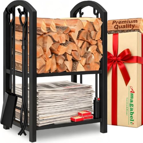 Amagabeli Kaminholzregal Innen Brennholzregal mit 4 Kaminwerkzeug Kaminholzständer Kaminbesteck für Außen Kaminholzhalter Holzregal für Kamin Kaminofen Besteck Schmiedeeisen Schwarz