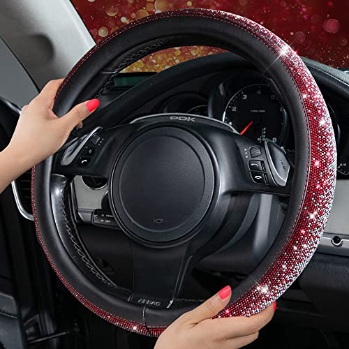 Image of CAR PASS Bling Diamond Leather Steering Wheel Cover, Bling Sparkly Crystal Glitter Rhinestones Universal Fit 14 inch 1 /2-15 inch Car Wheel Protector for Women Girl Fit Suvs,Vans,Sedans,Trucks, Red Silver