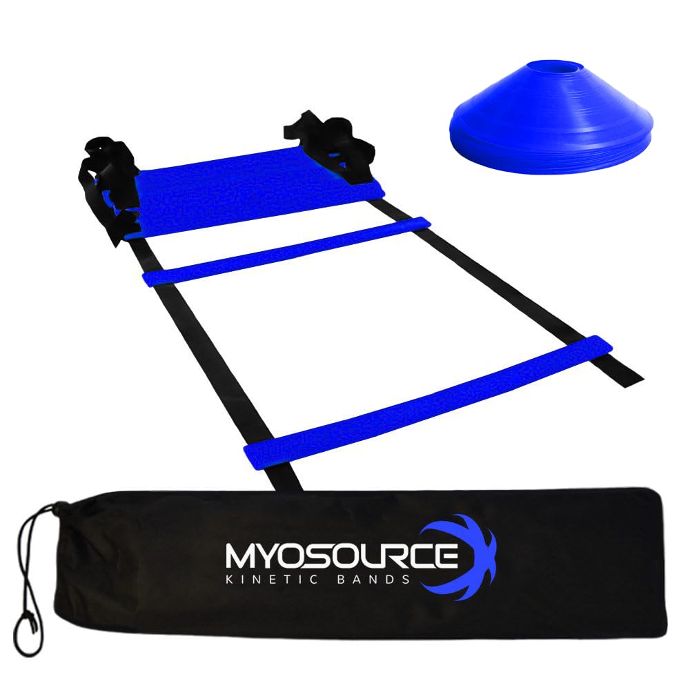 Myosource Kinetic BandsQuick Step Speed & Agility Training Ladder Plus 16 Training Cones - 15 feet Long 20 inches Wide 11 Detachable Rungs All Sports and Fitness Training (Blue Ladder & Cones)