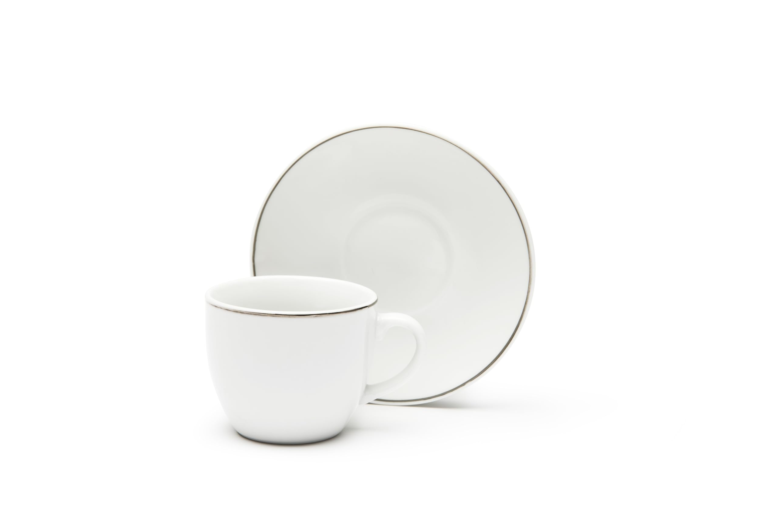 Excelsa Platinum - Juego de 6 tazas de café con platillo, porcelana blanca con borde plateado
