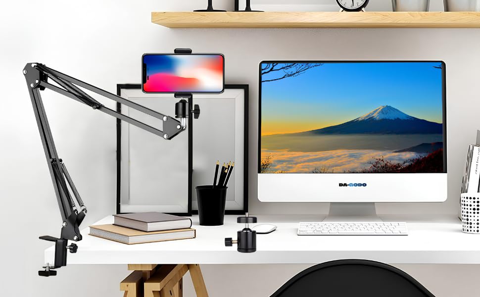Image of Overhead Tripod Mount Hinged Arm with Mobile Phone Holder, Adjustable Suspension Scissor Desk Clamp Stand for Video Recording, Live Streaming, Webcam, Ring Light (Mini Mount Hinged Arm)
