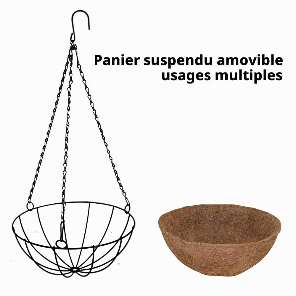 Esoes Panier de Fleurs à Suspendre en Fibre de Coco - Pot Décoratif Intérieur/Extérieur avec Support en Fer