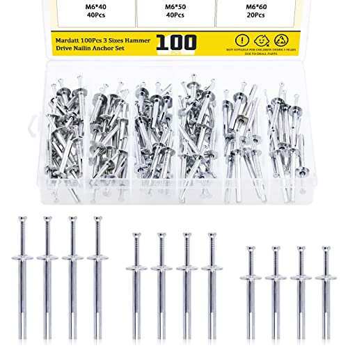 Mardatt 100 Pcs M6 Hammer Drive Nail Set, M6*40/50/60mm Metal Mushroom Head Anchor Drive Expansion Nail Fastener Rivet for Concrete Drywall