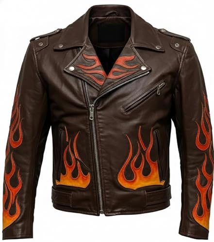 Image of Mens Flames Leather Jacket Gothic Motorcycle Fire Biker Heavy Metal Rock Punk Jacket