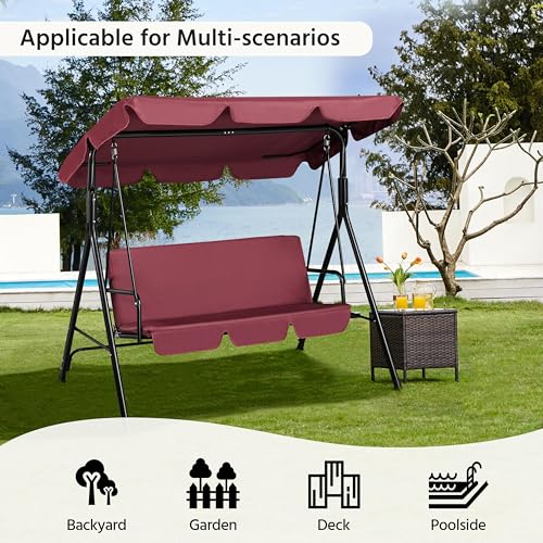 Image of Yaheetech 3-Seat Patio Swing Chair, Outdoor Canopy Swing with Adjustable Canopy & Removable Cushion, Hanging Lounge Chair for Patio, Garden, Yard, Porch - Burgundy | Outdoor Glider Swing, 550lb Capacity, Tilting Sunshade, Anti-Slip Pads, Weather-Resistant Fabric, Ez up, Sturdy A-Frame