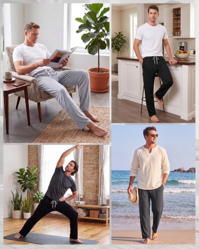 Image of 3 Pack Mens Cotton Pajamas Pants Lounge Pjs Bottoms Sleepwear Bottoms Soft Pants with Pockets Drawstring