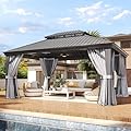 LET'S PATIO 12' x 16' Hardtop Gazebo, Outdoor Aluminum Gazebo with Galvanized Steel Double Roof and Drainage System, Permanent Metal Pavilion with Curtains and Netting for Patio, Deck and Lawn, Gray