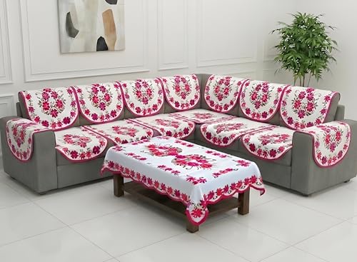 Image of Fab Nation Sofa Cover L Shape 5 Seater with Corner L Type Fully Covered Sofa Set for Living Room | Cotton Sofa Slipcovers for 3 + 2 Seaters Cover with 2 Arms + 1 Table Cover | Floral Pink