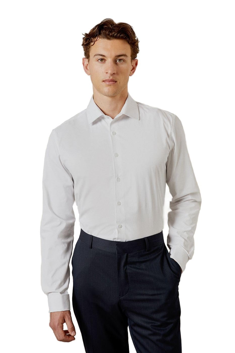 Burton Men's White Easy Iron Double Cuff Slim Fit Shirt | Size: 16 In