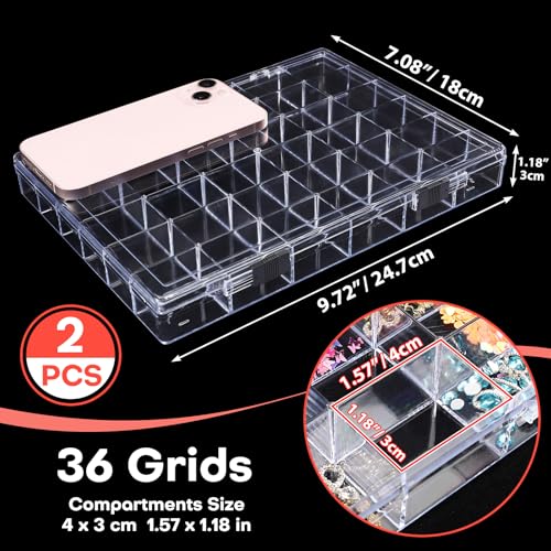 Image of Noverlife 2 Pack 36 Grids Clear Plastic Organizer Box, Jewelry Craft Storage Container Bead Holder Nail Charm Organizer, Rock Collection Box for Fishing Tackles, Acrylic Earring Display Case for Girls