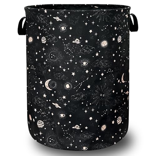 Image of Moon and Stars Laundry Basket Foldable With Handles Colorful Tote Bag Oxford Cloth Funny Galaxy Laundry Hamper Clothes Storage Bucket Toy Organizer 18.9"x16.5" For Bathroom/Laundry/Bedroom