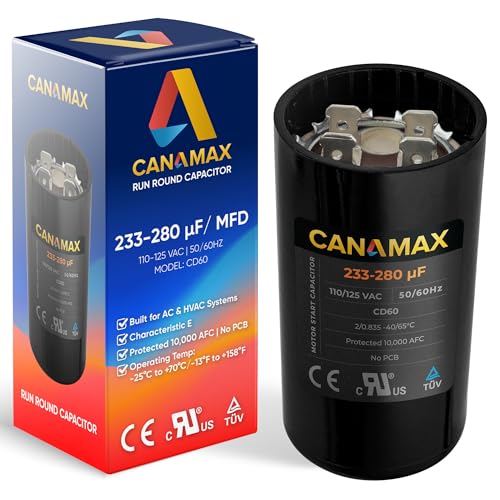 233-280 uF 233/280 MFD 110-125VAC ±20% z Volts Round Motor Start Capacitor 50/60 Hz AC Electric Universal fit for Electric Motor Applications 1-3/4 in Wide 3-3/8 in Height CON-233-250