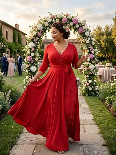 Image of PinkPatty Women's Plus Size Maxi Dresses Casual Flowy 3 /4 Sleeves Dress Printed Vacation Dress for Daily Wear with Belt