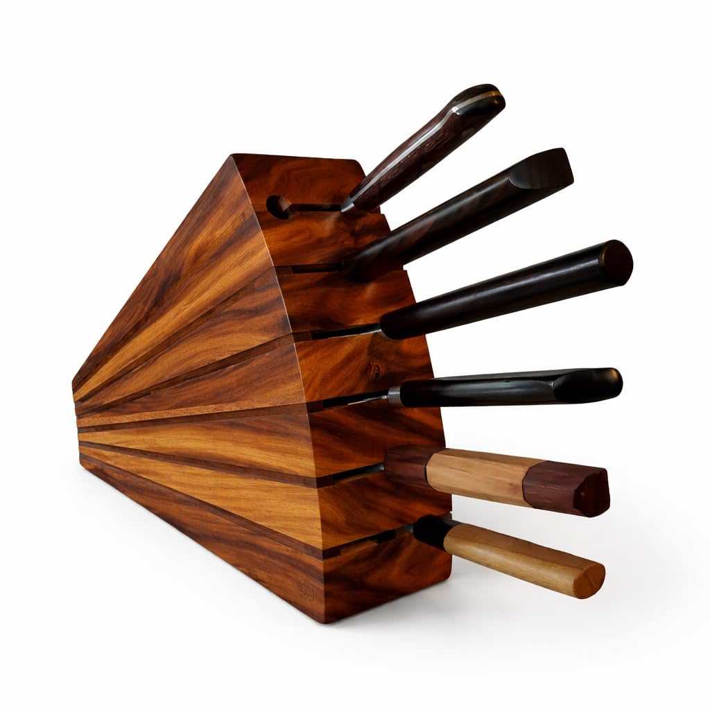 HOMORA Bloc à couteaux en bois pour cuisine, porte-couteaux en bois massif à 7 emplacements, marron noyer, style minimaliste, organiseur de comptoir compact (marron noyer)