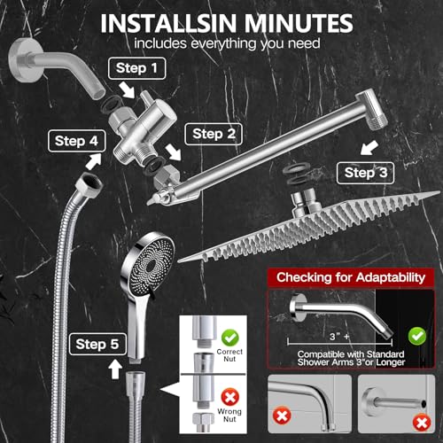 Image of Shower Head,12 inch High Pressure Shower Combo,Rainfall Shower System with Handheld Spray,All Metal 3-Way Diverter & 6ft Hose,Anti-Clog Nozzles,Easy to Install in Bathrooms-Silver Chrome