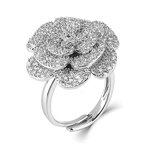 Cocktail Rings Silver Rose Flower Ring for Women Adjustable Rhinestone Cubic Zirconia White Gold Plated Snowflake Crystal Open Wrap Wedding Statement Valentine Gift for Lover Wife Christmas