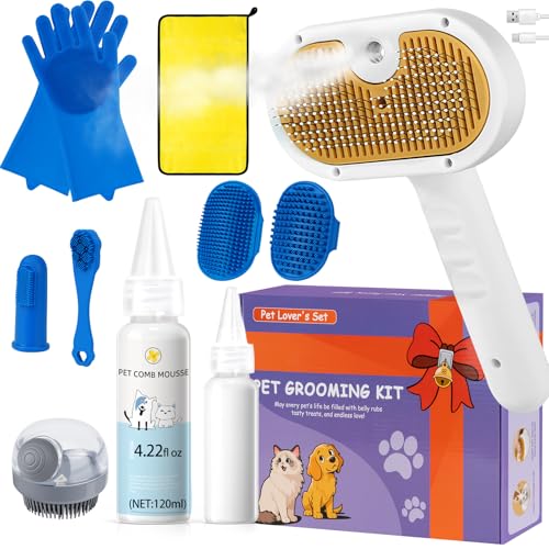 Image of Pet Steam Brush for Dog & Cat - 3-in-1 Spray Hair Removal Comb for Shedding & Grooming, Softens Fur & Reduces Static - Water Brush for Long & Short Coats, Bath-Hating Pets, Includes Waterless Shampoo