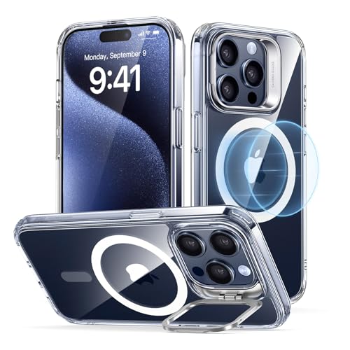 ESR for iPhone 15 Pro Case, Compatible with MagSafe, Military-Grade Protective Clear Case for iPhone 15 Pro,Built-in Stash Stand Phone Case, Scratch-Resistant Back Cover, Classic Series,Clear