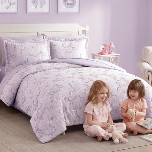 Image of Queen Comforter Set - 7 Pieces Bow Jacquard Bed in a Bag Girls Bedding Set