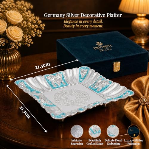 Image of Diviniti Blue German Silver Decorative Tray for Home Decor | Luxury Square Silver Plated Serving Tray for Dry Fruits, Sweets & Fruits | Floral Embossed Gift Platter with Premium Box