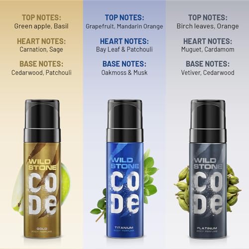Image of Wild Stone Code Gold, Platinum & Titanium Body Perfume Spray Combo For Men, 120ml Each (Pack Of 3)