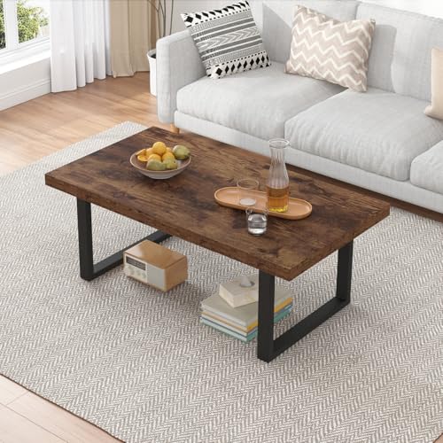 IBF Table Basse Salon Bois et Métal Industrielle Moderne Table Rectangulaire Minimaliste Vintage pour Chambre Chêne Marron Rustique 100 x 55 x 45.5