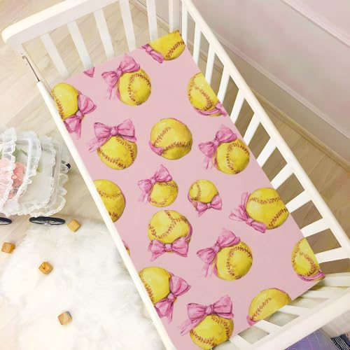 Image of Bow Softballs Baseball Crib Sheets Soft Breathable Fitted Baby Crib Sheets Mattress Cover for Girls Boys, 52 inch x 28 inch x 9 inch